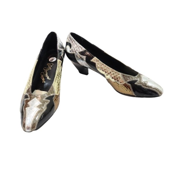 Vintage 60s 70s ROSINA FERRAGAMO SCHIAVONE 8M Snakes Skin Gold Silver Heels Shoe - Picture 2 of 11